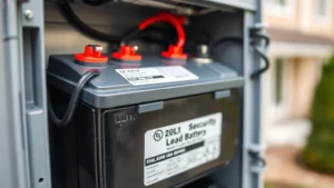 Close-up of a 12-volt sealed lead-acid battery with red and black terminal posts, mounted in a professional home security control panel enclosure, showing proper installation against blurred residential background