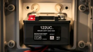 Close-up photograph of a 12-volt sealed lead-acid backup battery for security systems, showing clear positive and negative terminals, mounted in a typical alarm control panel compartment, realistic lighting showing battery condition