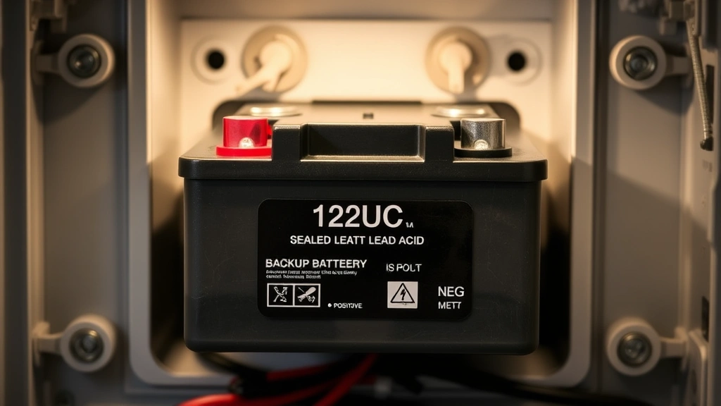 Close-up photograph of a 12-volt sealed lead-acid backup battery for security systems, showing clear positive and negative terminals, mounted in a typical alarm control panel compartment, realistic lighting showing battery condition