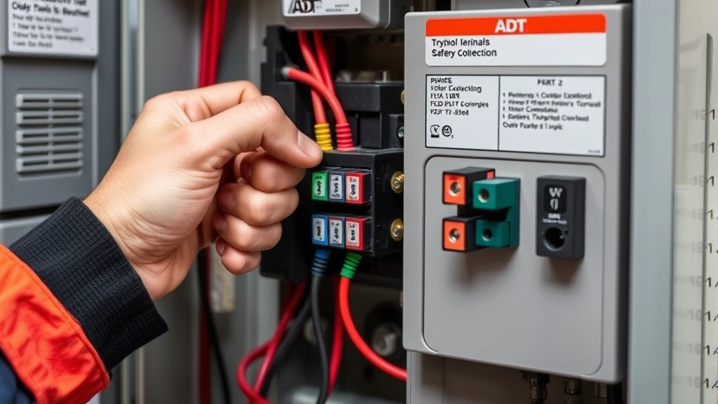 Technician's hands carefully disconnecting color-coded battery terminals from an ADT control panel, demonstrating proper safety technique with clear positive and negative terminal identification