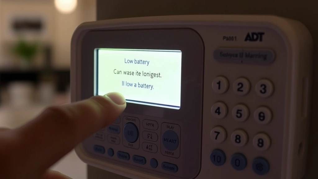 Detailed view of an ADT security control panel keypad displaying low battery warning message on screen, with hand pointing to warning indicator, showing typical home interior background