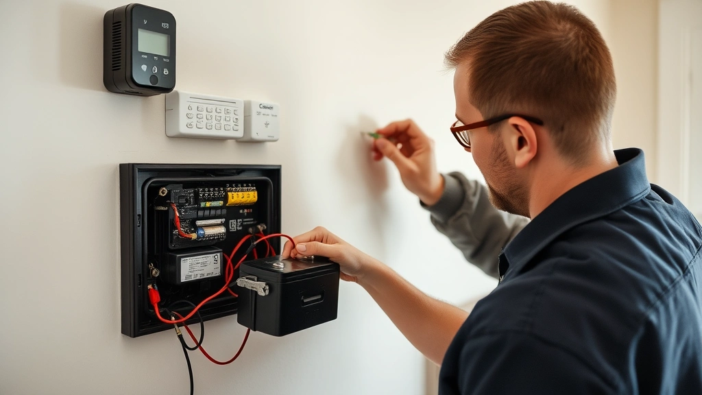 Technician performing battery replacement on a wall-mounted security alarm panel, carefully handling battery connectors with proper polarity markers visible, professional home installation setting with tools nearby