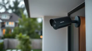 Professional security camera mounted on modern home exterior, night vision capability visible, sleek black design against white wall, residential neighborhood background, photorealistic detail