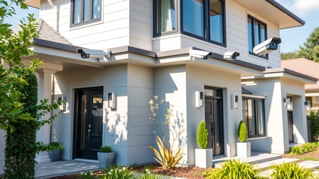 Multiple security cameras installed on house corners and entrance points, showing comprehensive coverage of property perimeter, daylight conditions, modern residential architecture