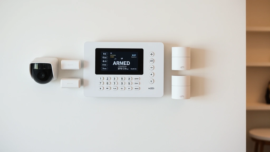 Professional home security system control panel with multiple sensors, digital display showing armed status, mounted on modern wall with neutral background, showing technology and protection