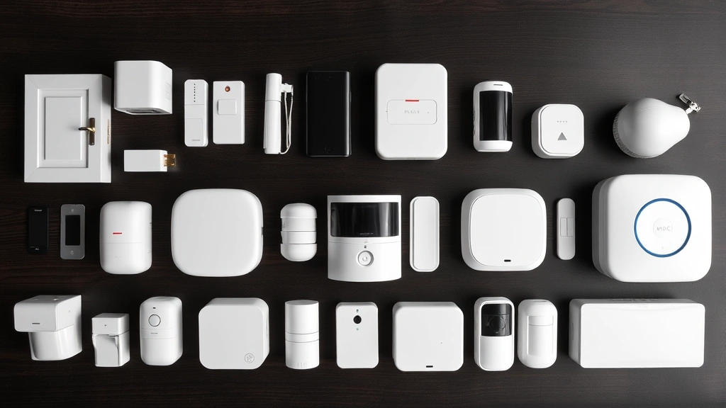 Comparison of different security system equipment laid out on table, including door sensors, motion detectors, and hub devices, professional product photography style, no text visible