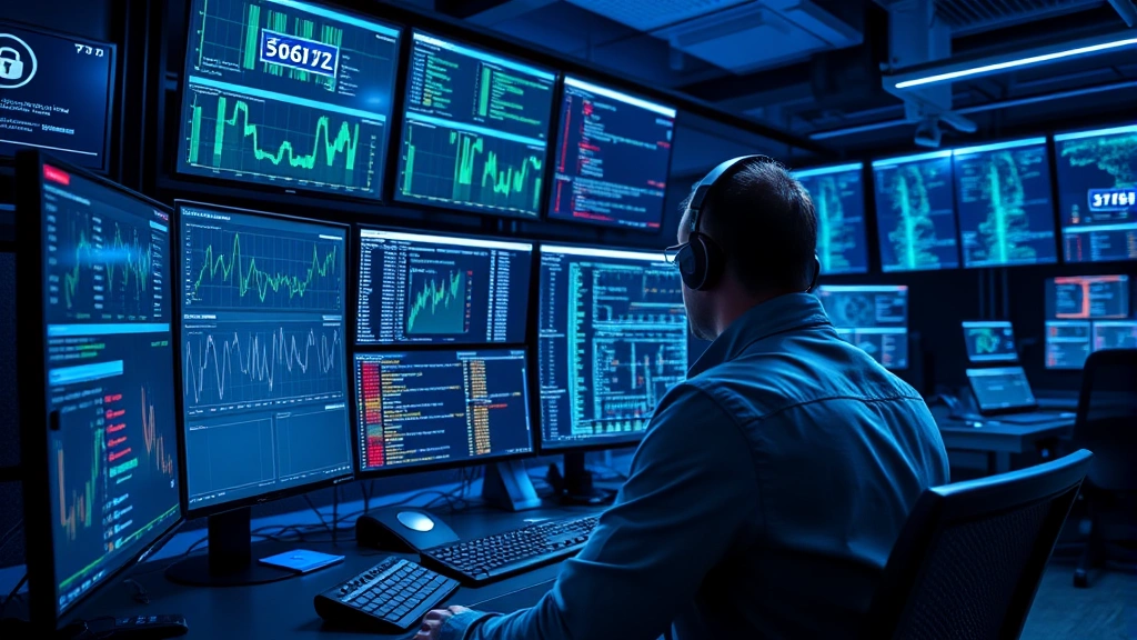 Professional cybersecurity analyst monitoring multiple screens displaying network traffic patterns and security alerts in a modern 24/7 monitoring center with blue-tinted lighting and advanced surveillance equipment