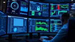 Professional cybersecurity analyst monitoring multiple security dashboards and network traffic displays in a modern corporate SOC environment with blue and green lighting, showing focused concentration on security monitoring tasks