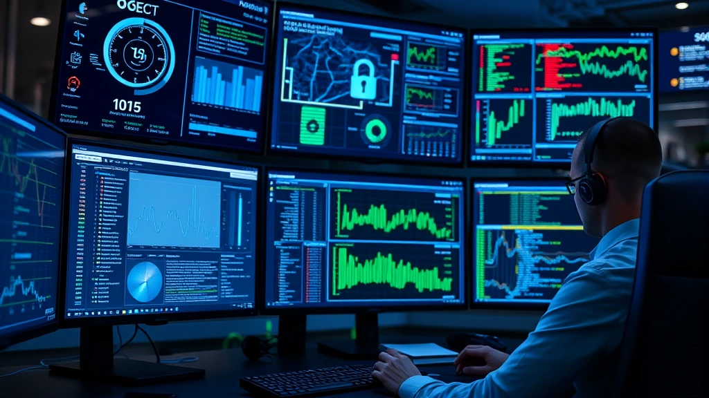 Professional cybersecurity analyst monitoring multiple security dashboards and network traffic displays in a modern corporate SOC environment with blue and green lighting, showing focused concentration on security monitoring tasks