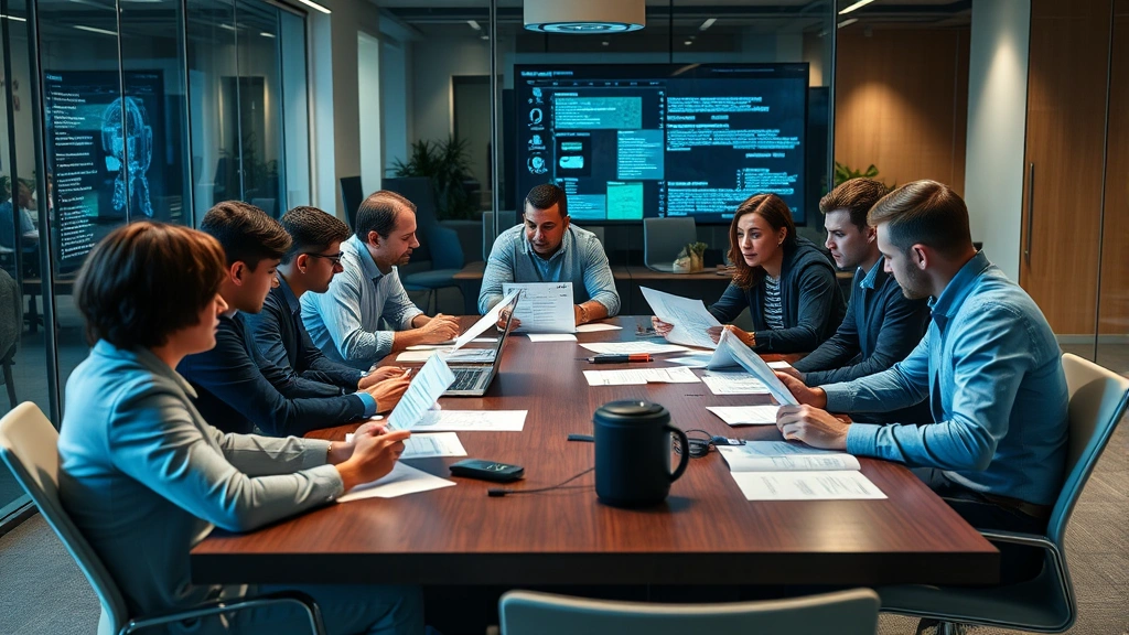 Diverse group of cybersecurity professionals collaborating around a conference table reviewing security incident reports and threat analysis documents in a modern office setting