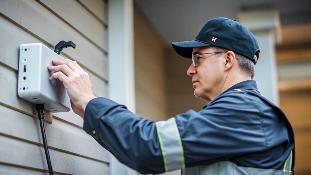 Field security technician in uniform installing and testing an integrated security system on a residential property, using professional tools and equipment with focused concentration