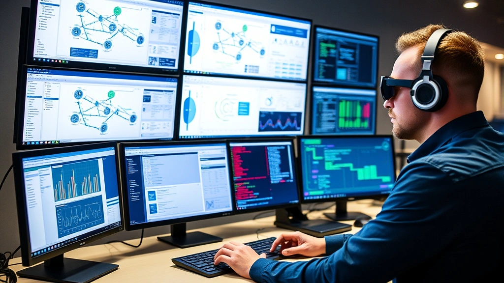 Cybersecurity professional at workstation with multiple monitors displaying security tools, network diagrams, and analytical dashboards, representing advanced technical expertise and real-world security operations