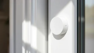 Close-up of a magnetic door sensor transmitter and magnet component separated slightly showing the wireless technology, mounted on a white door frame in natural lighting
