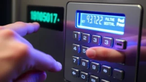 Close-up of hands entering security code on modern digital keypad with illuminated buttons and LCD display showing system status indicators