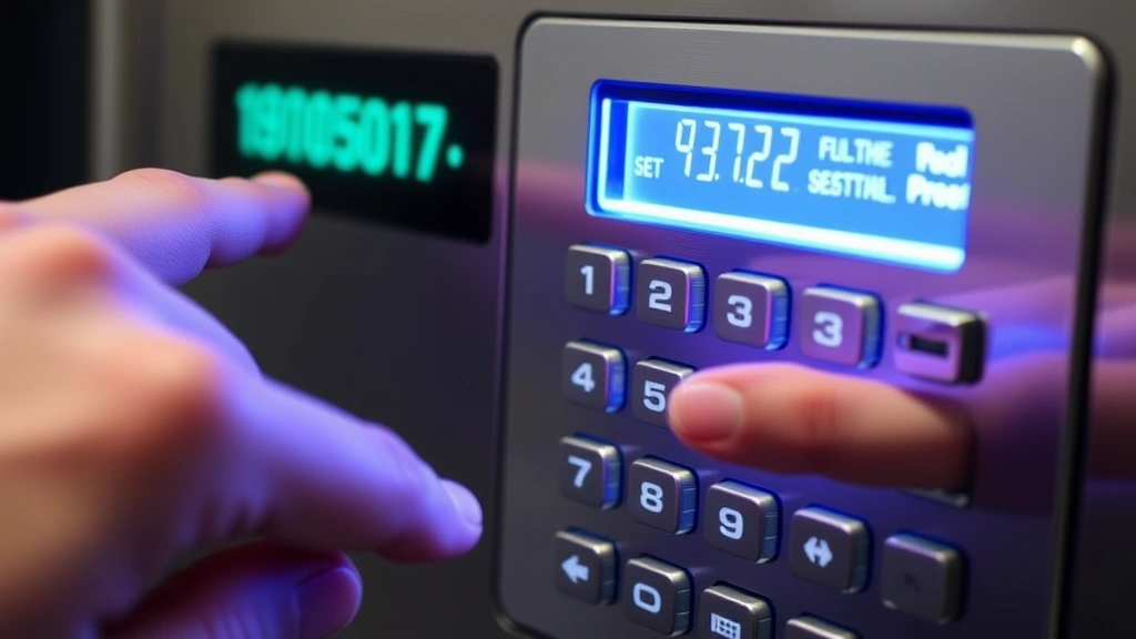 Close-up of hands entering security code on modern digital keypad with illuminated buttons and LCD display showing system status indicators