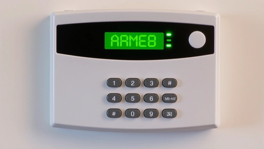 Home security control center with mounted wall panel keypad displaying armed status, LED indicators showing green and amber lights, professional installation