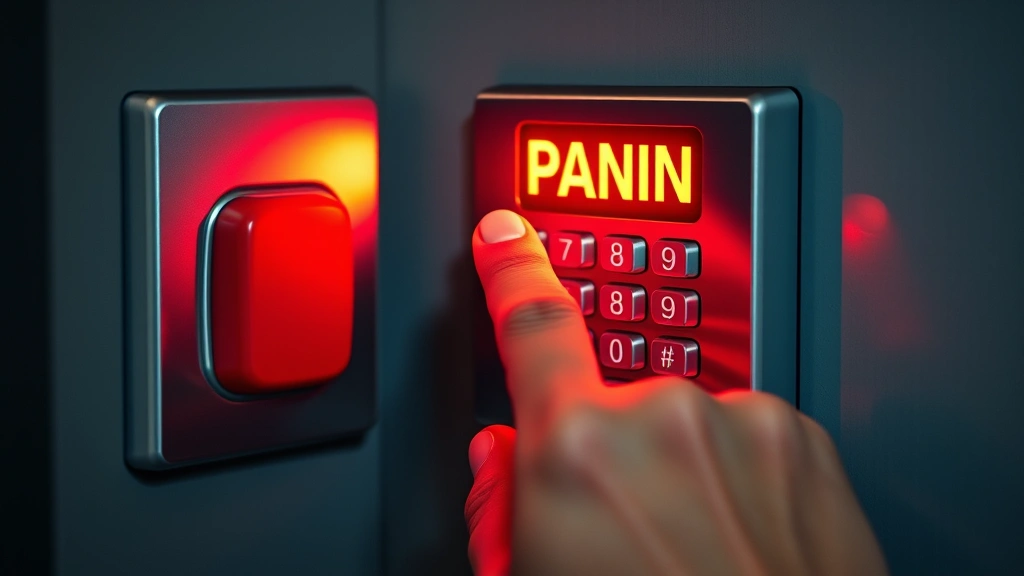 Person pressing red emergency panic button on security keypad system during crisis response scenario, showing urgent action moment