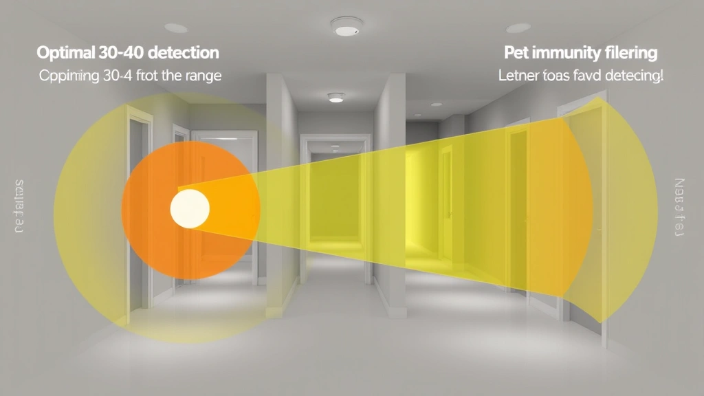 Cross-section diagram visualization of motion sensor detection zones and coverage patterns in residential hallway, showing optimal 30-40 foot detection range and pet immunity filtering technology