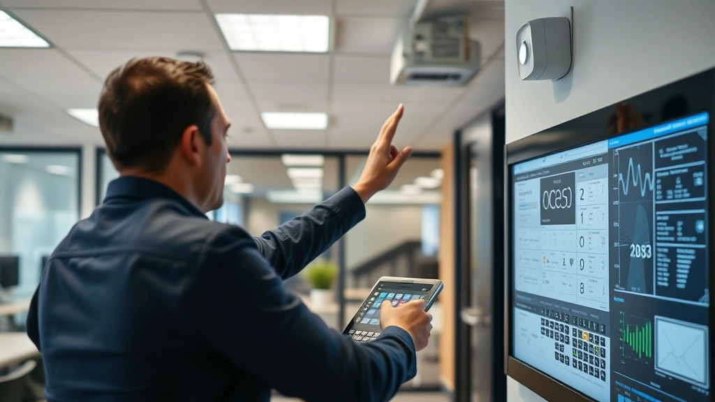 Experienced security professional testing motion sensor placement in commercial office space, using control panel to verify detection signals and sensor positioning for maximum threat coverage