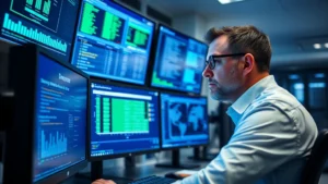 Professional cybersecurity analyst reviewing threat detection dashboard on multiple monitors in modern SOC facility, focused intense expression, blue and green data visualizations glowing on screens, secure data center environment with networking equipment visible in background