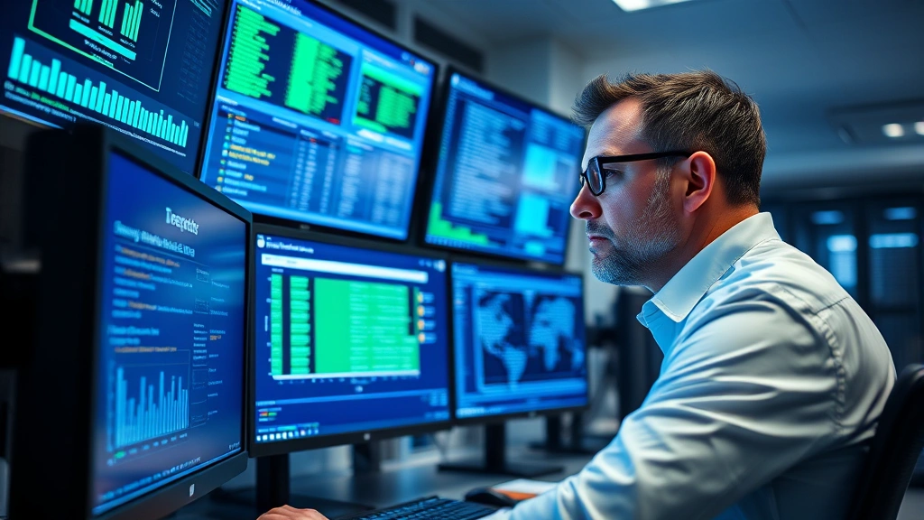 Professional cybersecurity analyst reviewing threat detection dashboard on multiple monitors in modern SOC facility, focused intense expression, blue and green data visualizations glowing on screens, secure data center environment with networking equipment visible in background