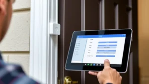 Professional security technician installing door sensor on residential entry frame with precision tools and digital tablet showing system configuration