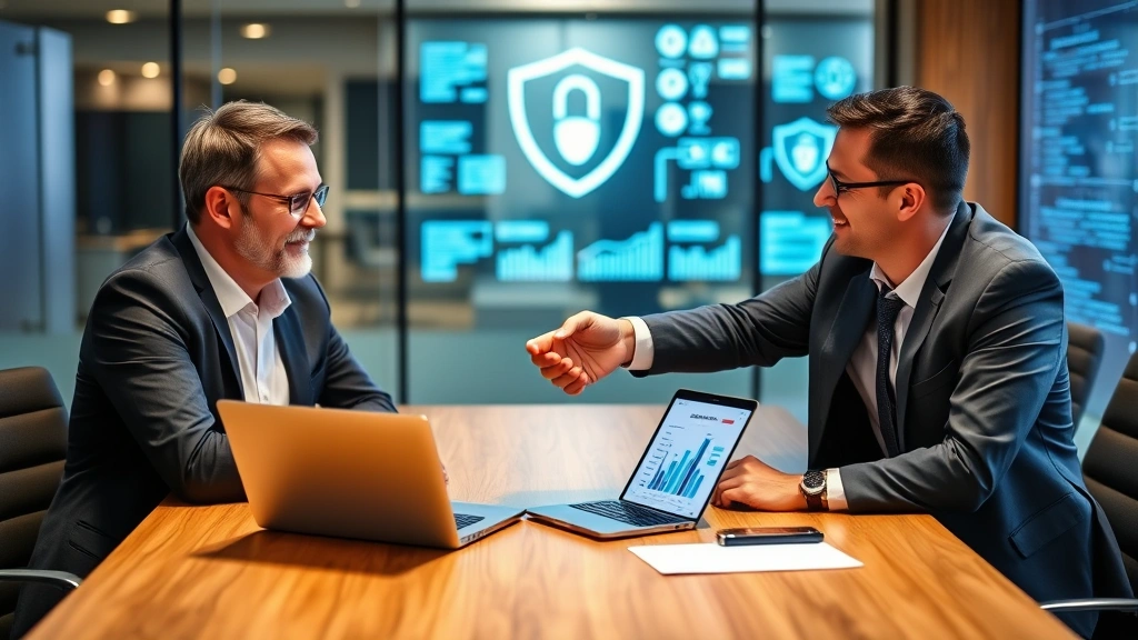 Business owner and cybersecurity consultant reviewing security assessment report together at office table, shaking hands confidently, laptop displaying security metrics and charts, modern office setting with secure background, professional attire demonstrating trust and partnership