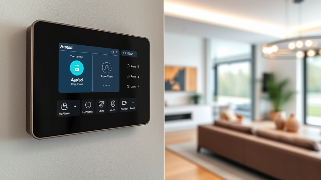 Modern home security control panel with touchscreen display mounted in contemporary home interior, displaying armed status and system overview