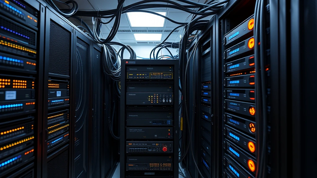 Network security infrastructure with interconnected servers, firewalls, and security appliances in data center, blue and amber indicator lights showing active monitoring, cables organized neatly, secure facility emphasizing protection and reliability of cybersecurity systems