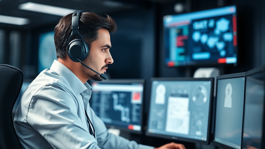 Trained security monitoring operator in professional call center environment wearing headset, monitoring multiple computer screens with alert notifications