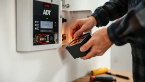 Close-up of a technician's hands carefully removing a battery from an ADT security panel mounted on a white wall, with tools visible on a nearby table, professional lighting highlighting the battery compartment