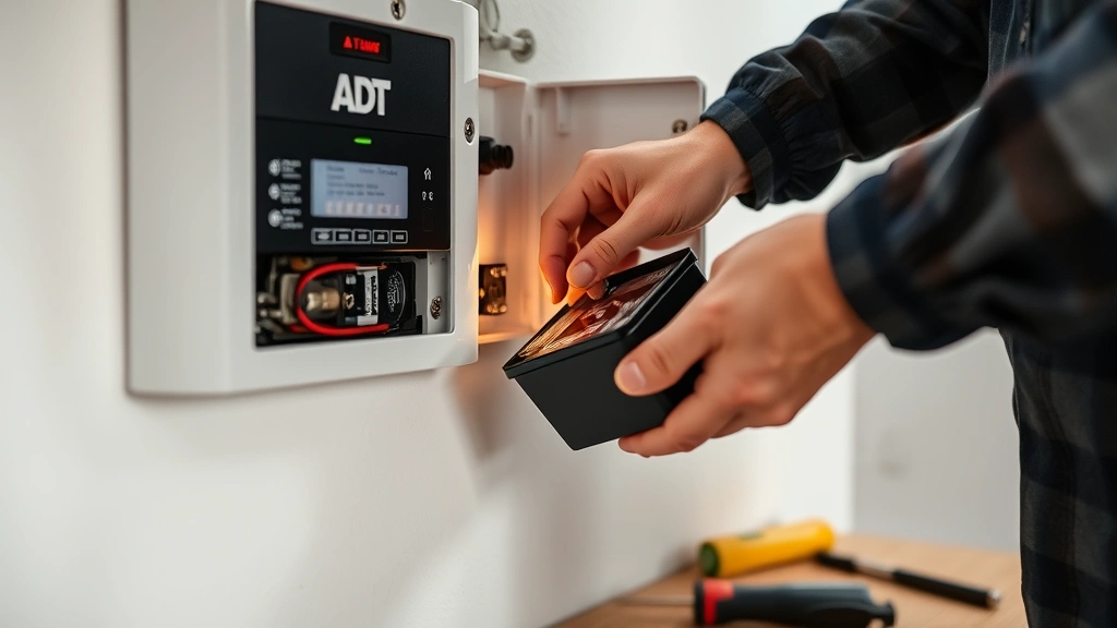 Close-up of a technician's hands carefully removing a battery from an ADT security panel mounted on a white wall, with tools visible on a nearby table, professional lighting highlighting the battery compartment