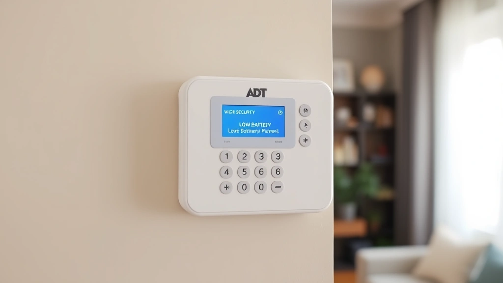 Wide shot of an ADT security panel on a home wall displaying low battery warning on the keypad screen, showing the device in a residential living room setting with soft natural light