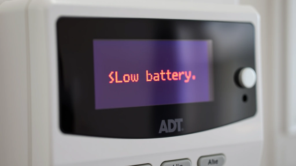 Close-up of ADT security panel display showing low battery warning message in red text on black screen, mounted on white wall, professional installation setup