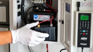 Professional technician installing backup battery in ADT security system panel, hands holding battery connectors, modern home security equipment visible, neutral technical environment