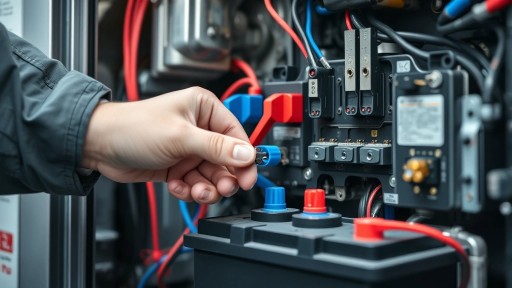 Close-up of professional technician's hands carefully disconnecting blue and red battery connectors from security panel interior with precision tools in well-lit workspace