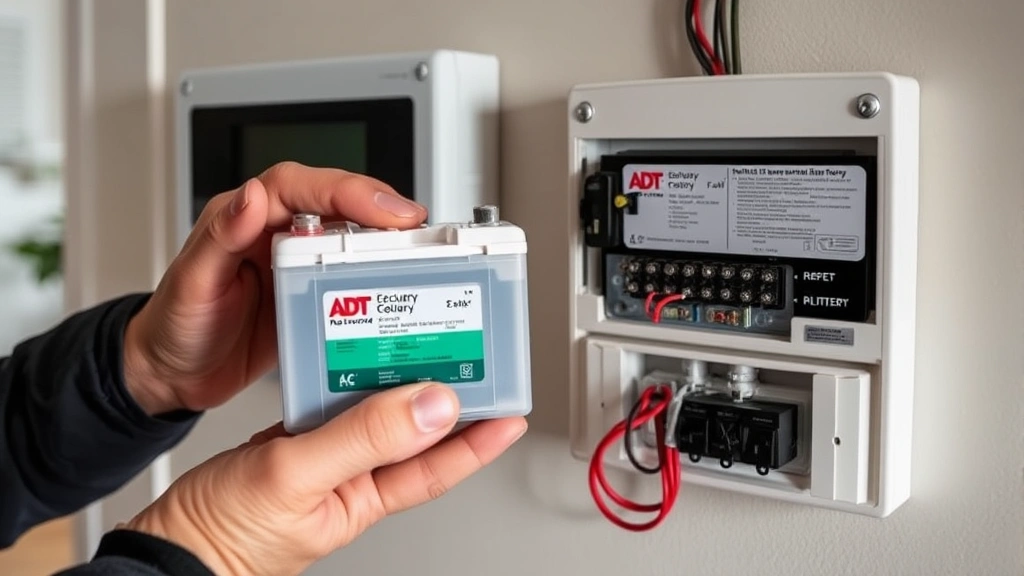 Technician's hands holding replacement battery next to ADT security panel, showing proper battery connectors and installation area, well-lit home environment