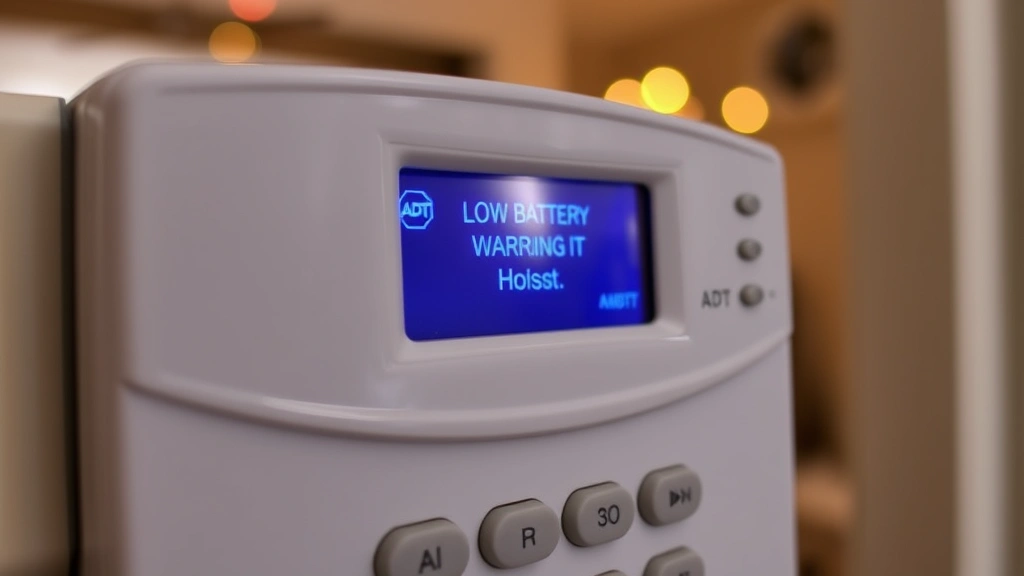 Close-up of ADT security keypad displaying low battery warning message on LCD screen, residential interior background, warm home lighting
