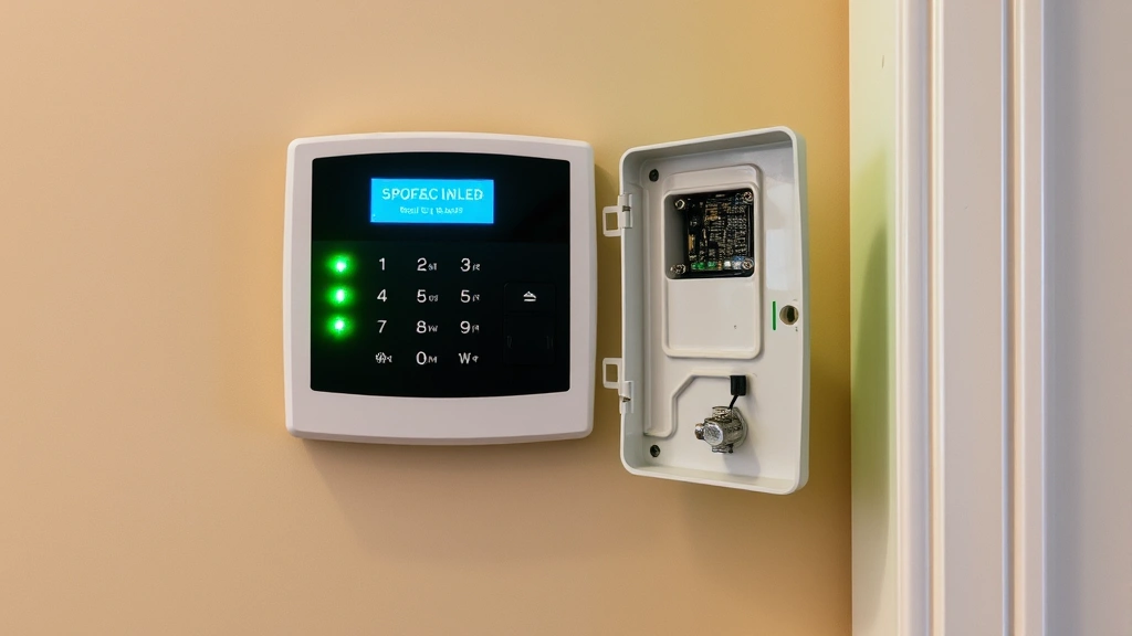 Modern home security control panel mounted on beige wall with green indicator lights illuminated and battery compartment access panel open revealing internal circuitry