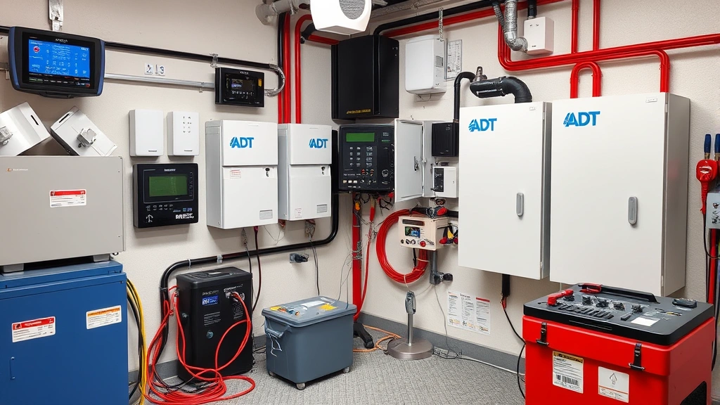 Home security monitoring center setup with multiple ADT panels and backup power systems visible, showing professional battery maintenance and testing equipment