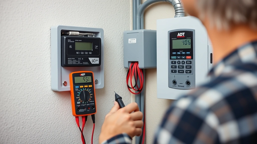 Homeowner testing security system backup battery with multimeter device, ADT panel mounted on wall, focused concentration on battery diagnostics