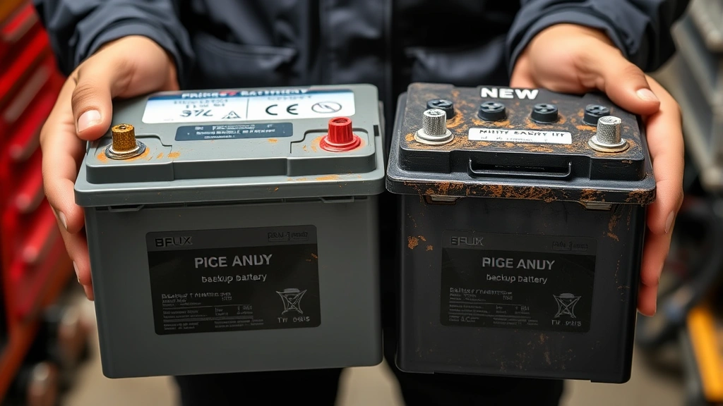 Technician holding new sealed lead-acid backup battery next to original depleted battery showing visible corrosion on terminals and comparison of sizes