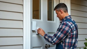 Professional security technician installing wireless door sensors on a residential home entrance, showing proper sensor placement techniques with modern smart home technology visible
