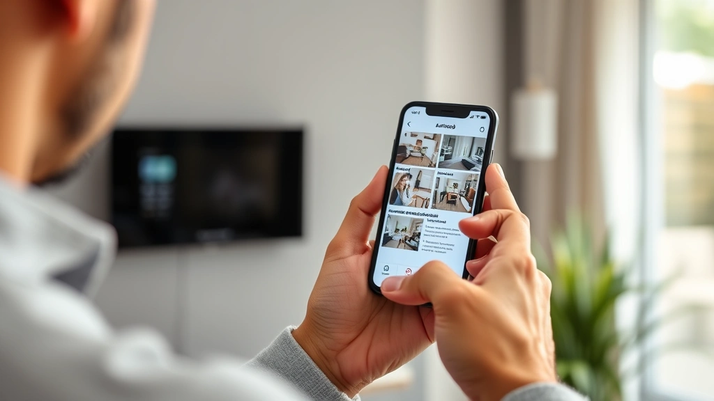 Homeowner using smartphone app to control smart home security system while away, showing mobile interface with armed status, camera feeds, and emergency alert options on modern phone