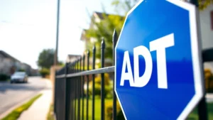 Close-up of blue and white ADT security yard sign mounted on residential property fence in suburban neighborhood, bright daylight, sharp focus on sign details, residential street background with houses