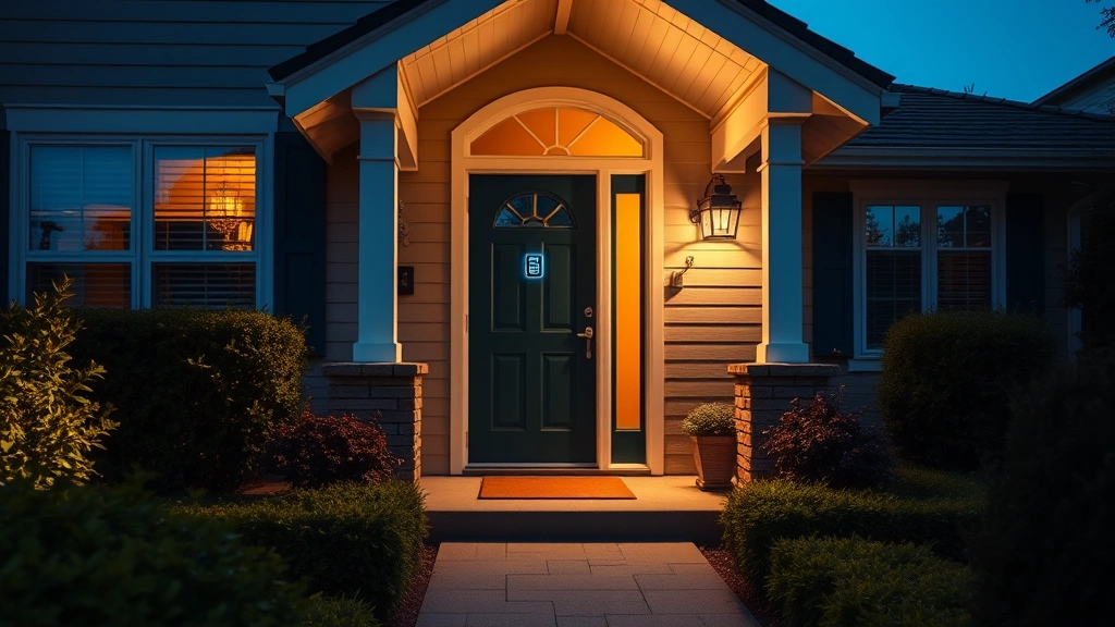 Residential home entrance at dusk with motion-activated lighting illuminating front door, security system keypad visible through window, well-maintained landscaping, professional security appearance