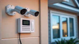 Professional home security system installation with monitoring equipment and alarm panel mounted on residential wall, showing modern technology integration