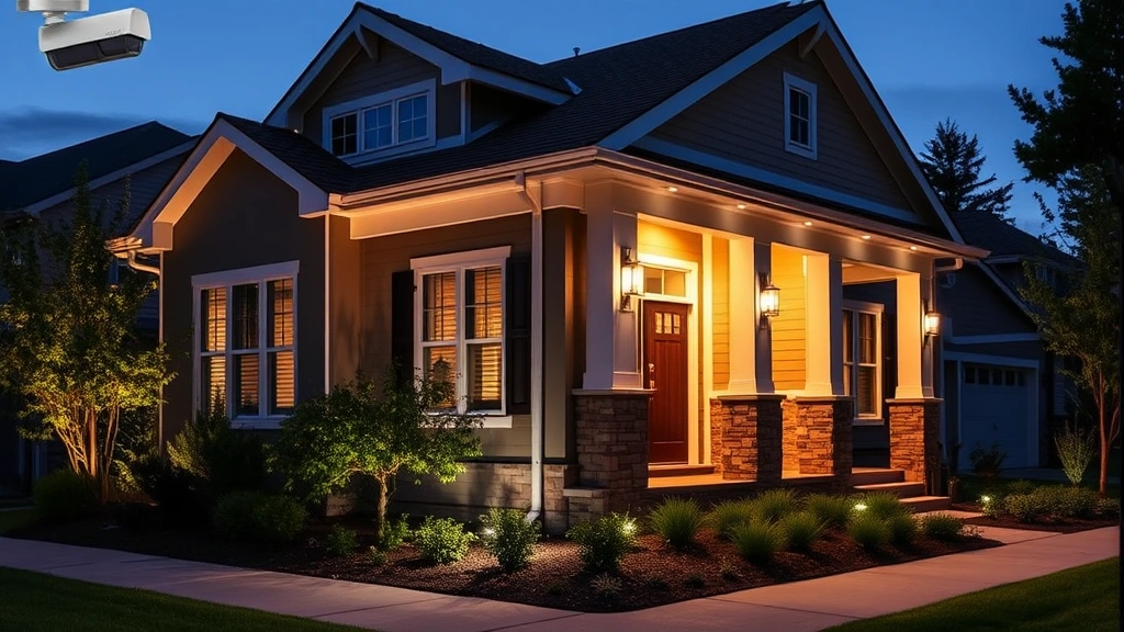 Residential home exterior at dusk with professional outdoor lighting, security camera visible on corner, well-maintained landscaping, and secure entry points