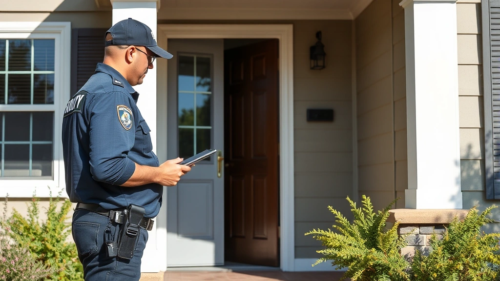 Security professional conducting property assessment, examining entry points and security system components at residential home during daylight