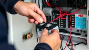 Close-up of a technician's hands carefully disconnecting battery terminals from an ADT security system control panel, showing proper red and black wire handling, clean workspace with safety glasses nearby, professional home security installation environment